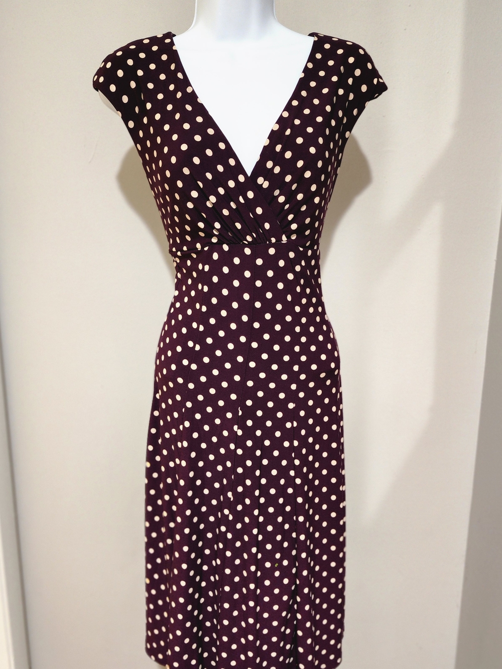 Polka Dot Wrap-Style Midi Dress in Burgundy and Cream